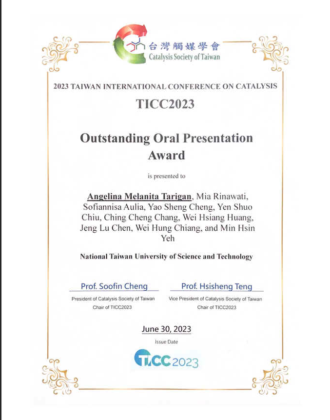 研究生Angelina Melanita Tarigan參加2023台灣國際催化研討會(TICC)暨第四十屆台灣觸媒及反應工程研討會獲得“Outstanding Oral Presentation Award”