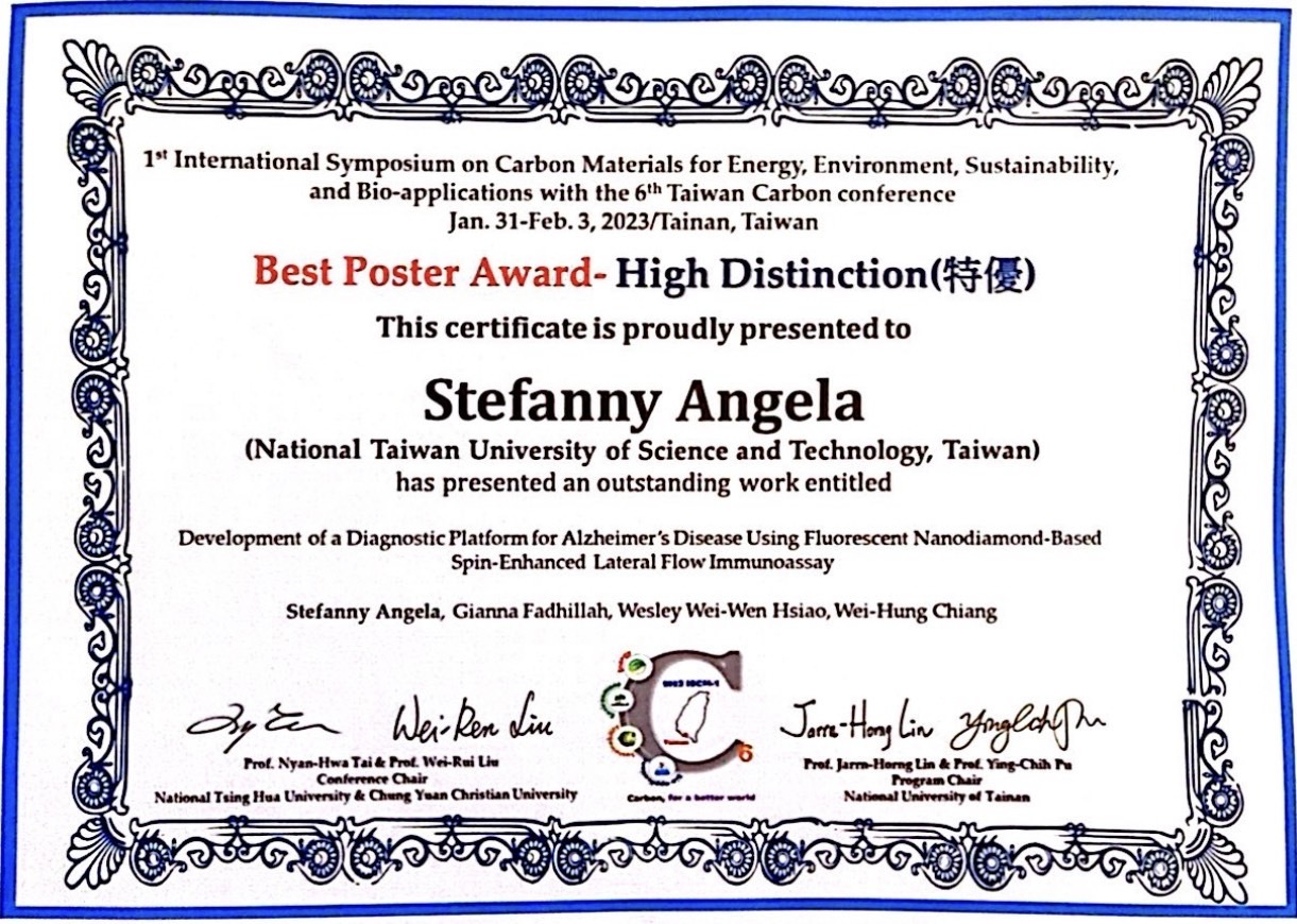 【恭賀】博士班學生Stefanny Angela於1st International Symposium on Carbon Materials (2023 ISCM-1)國際會議榮獲Best Poster Award 特優(High Distinction)獎項